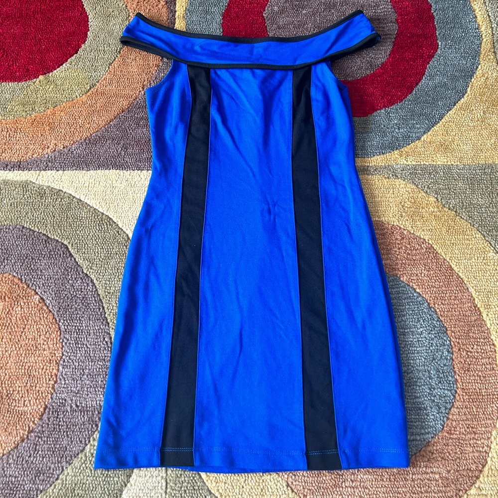 Forever 21 Retro Mini Dress Blue and Black Off the Shoulder Thin Material Medium